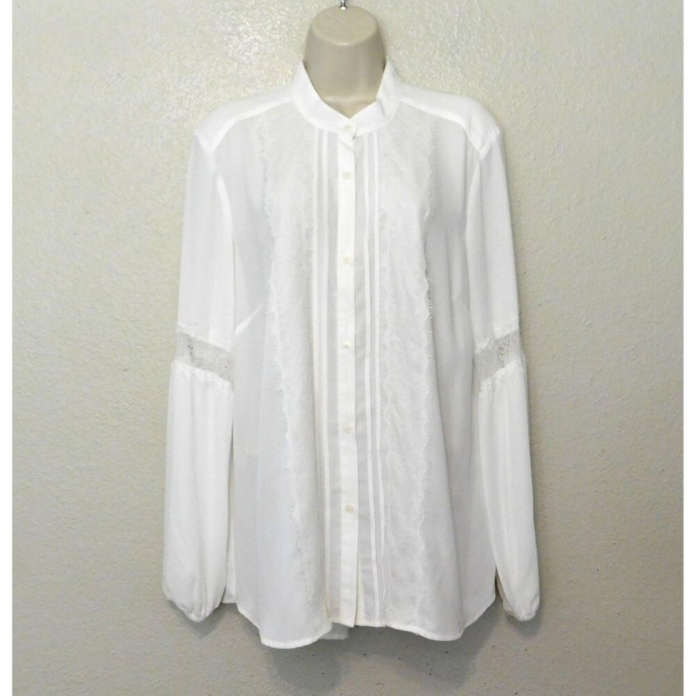 Libby Edelman Blouse XL Ivory Off-White Lace Trim Long Sleeve BoHo - Picture 7 of 10